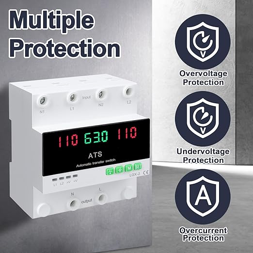 100A 120V Automatic/Manual Generator Transfer Switch, DIN Rail Mount 110V for Generator Backup Power & Gas Furnace, 50/60Hz, LED Display, CE Certified