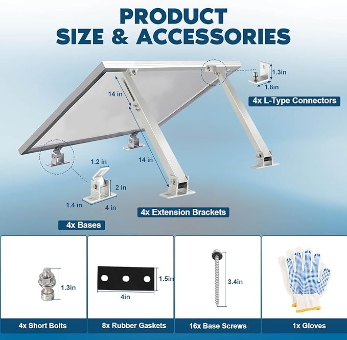 GCCSJ 2 Sets Solar Panel Mounting Brackets, 14-27 inch Adjustable Solar Panel Tilt Mount Brackets, Aluminum Alloy Solar Panel Mounting Kit Suitable for 100-450W Solar Panels for RV Roof Boat Camping