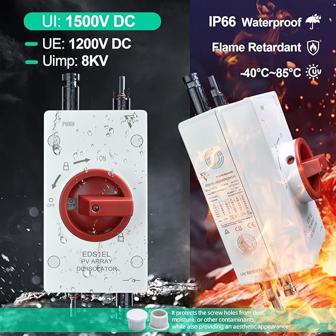 Solar Disconnect Switch DC1500V 32Amp 4-Pole 1-in 1-Out Solar Isolator Switch Solar Panels Disconnect with Waterproof IP66 Enclosure for Rooftop Solar Systems, RVs and Boat