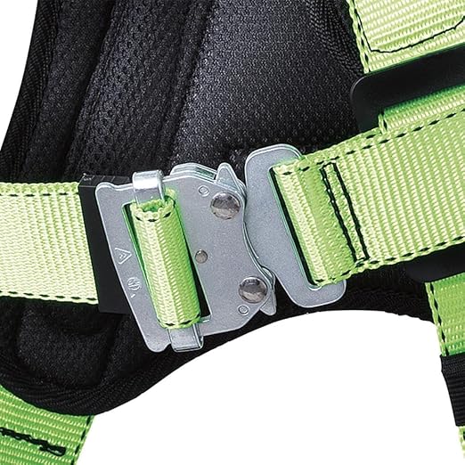 PEAKWORKS Fall Protection Full Body Padded Safety Harness with Back Support, Positioning Belt, Back & Side D-Rings, Stab Lock Buckles, Hi Vis Green/Black, XL, V8255624
