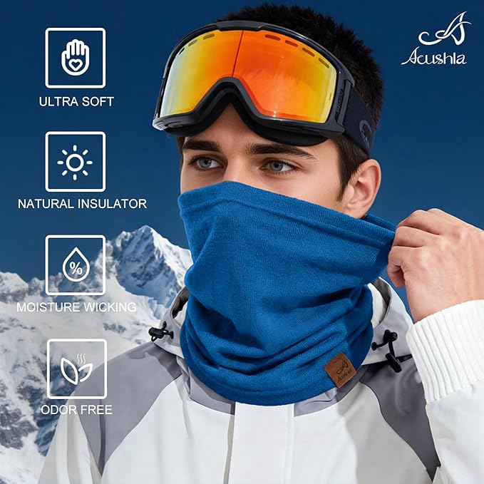 ACUSHLA 100% Merino Wool Neck Gaiter for Men & Women Ski Face Mask Winter Scarf Neck Warmer All Weather, Midweight Maple Leaf