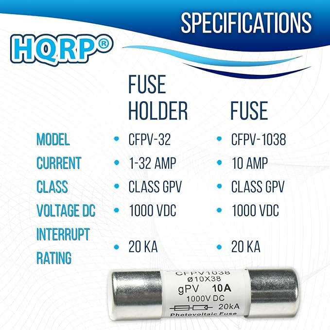 HQRP Combo: 2-Pack Solar PV CFPV-32 DIN Rail Fuse Holder, 1-32Amp, 1000VDC and 3-Pack Photovoltaic Fast Acting Fuse Links CFPV-1038, gPV Type, 10 Amp 1000V DC, 10x38mm, 20kA IR, Solar PV Ceramic Fuses