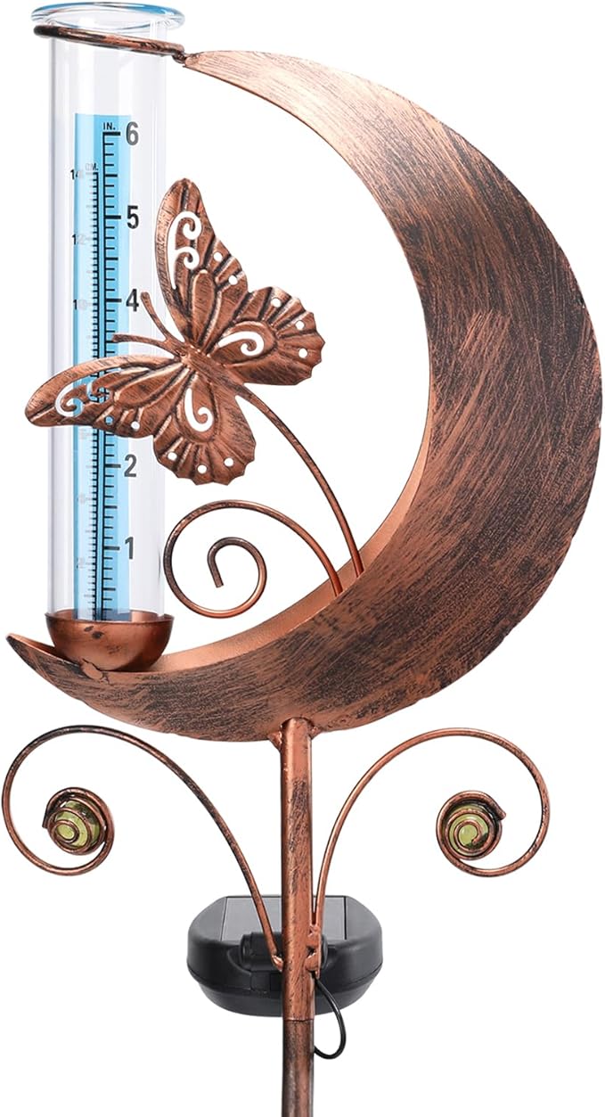 WONDER GARDEN Solar Rain Gauge Outdoor, Decorative Moon Butterfly Rain Gauges Outdoors Best Rated, Freeze Proof Water Rain Measure Gauge for Yard Patio Lawn Garden Decor