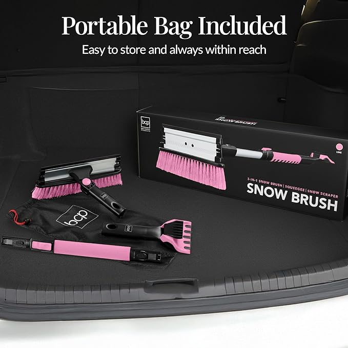 Best Choice Products Snow Brush with Squeegee & Ice Scraper, Up to 39" Extendable Foam Grip, 270° Pivoting Snow Brush for Car Truck SUV, Storage Bag Included - Pink
