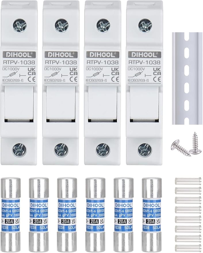 DIHOOL 20 Amp Inline Fuse for Solar Connector, 4 pcs Solar fuses Holder, DIN Rail Solar Panel Fuse