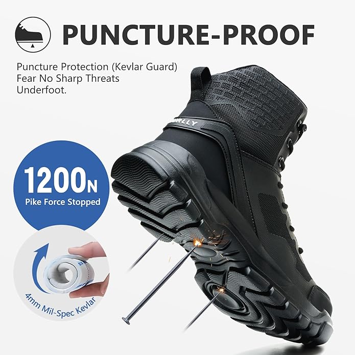 Hogent Steel Toe Boots for Men Lightweight Comfortable Work Boots with Air Cushion Puncture Proof Safety Shoes for men Industrial Construction Warehouse Work