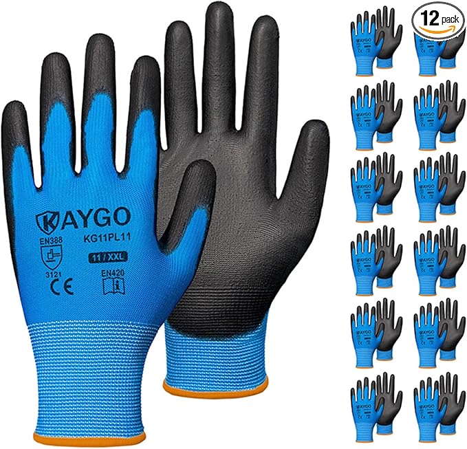 KAYGO Work Gloves for Men and Women, 12 Pairs Seamless Knit PU Coated Safety Gloves, with Smooth Grip on Palm and Fingers, Ideal for Light Warehouse, Manufacturing, Gardening, KG11P (2XL, Blue)