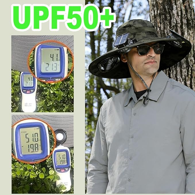 Fishing Hats with Sunglasses, Wide Brim Sun Hat with 2 Solar Fan, USB & Solar Powered Fishing Hats, Solar Fan Hats UPF 50+