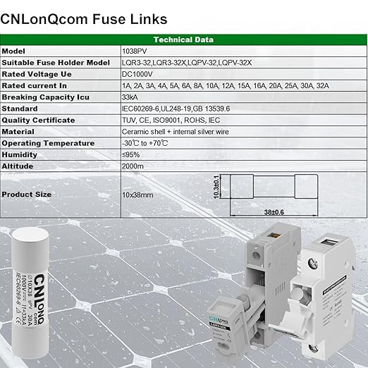 10pcs gPV Solar PV Fuse Link 30A 1000V DC 10x38mm PV Fuse 33kA Breaking Capacity for Solar, PV Combienr Box (30 Amp)