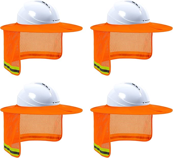 Hard Hat Sun Shade - High Visibility Visor Neck Shade With Reflective Strip, Full Brim Accessories for Men & Women (Hat Not Included), Orange, 4 Pack