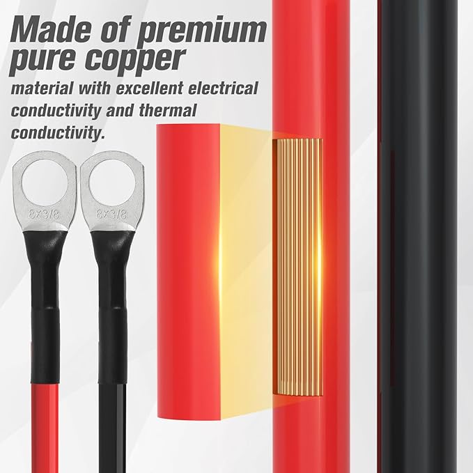 8 AWG Battery Cable 8AWG Gauge Battery Inverter Cables for Automotive Solar Marine Boat RV Car Motorcycle (8 AWG, 4FT, 3/8")