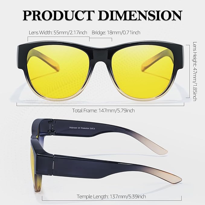 TJUTR Fit-Over Night Vision Driving Glasses for Men Women, Anti-Glare Polarized UV400 Yellow Lenses for Nighttime Safety