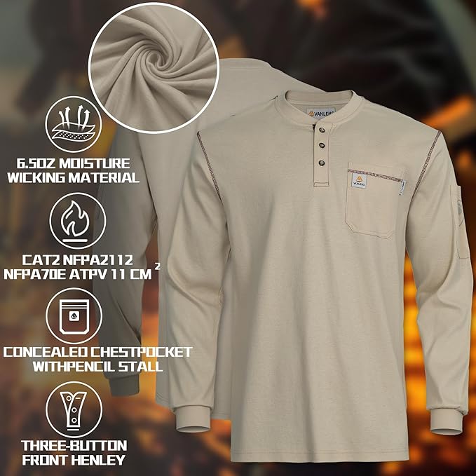 FR Shirts for Men CAT2/HRC2 Flame Resistant Shirts 6.5oz Light Weight Long Sleeve Fire Retardant Shirts