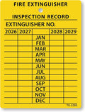 SmartSign 4-Year Yellow Fire Extinguisher Tags Monthly Inspection (10-Pack), 2.25" x 3", 2026 to 2029, Heavy-Duty Polyethylene, Tear Proof, 2+ Year Outdoor Life, Made in USA