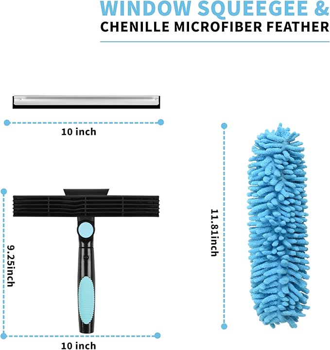 2-in-1 Window Squeegee and Microfiber Scrubber, Multi-Angle Window Cleaning Tool, Solar Panel Cleaning Brush Threaded Window Cleaner Brush for RV Windshields