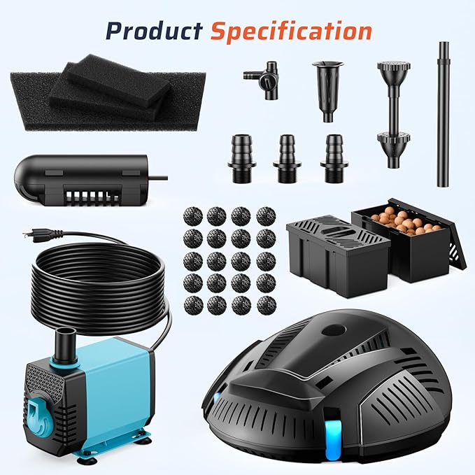 Antfraer Pond Filter with Water Pump, Pond Filter Box Built-in U-V Clarifier with 660GPH Fountain Pump Adjustable, Pond Filter Box for Ponds, Fish Tank Waterfall Garden (Corded Electric)