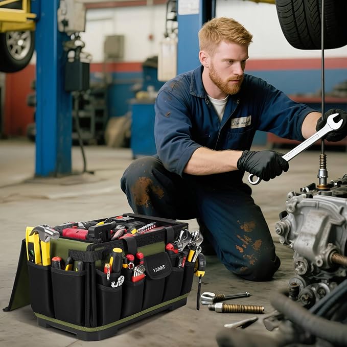 Heavy Duty Tool Bag 18-Inch, Extra Large 46 Pockets Electrician Tool Bag for men with Hard Bottom & Waterproof Pocket, 1680D Tear-Proof Toolbox Organizer for HVAC Mechanic, Father Dad Birthday Gift