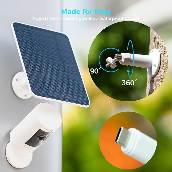 5V Solar Panel for Seucrity Cameres, For Bird Feeder Trail Cam, Ring Tapo Eufy Vicohome Eseecloud, Native USB-C, Micro-USB & DC 3.5mm*1.35mm 9.8 Ft Cable 23% Energy Conversion 180 Days Exchange Policy