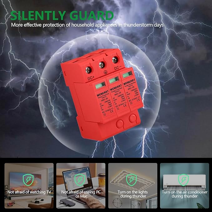 DC 1000V Surge Protective Device (SPD), 3-Pole 20kA Solar PV Lightning Arrester, Photovoltaic Surge Suppressor, DIN Rail Mount, Replaceable Modular Design, Red