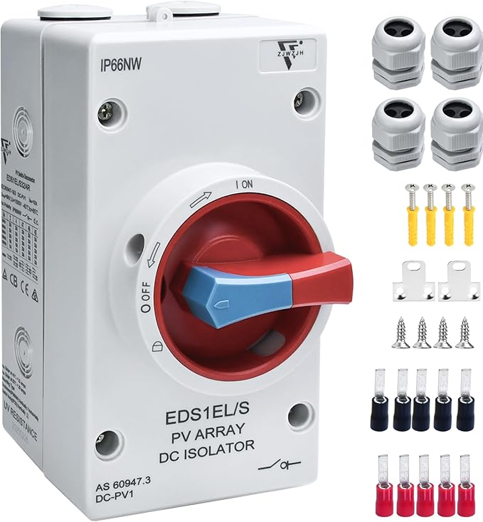 Waterproof IP66 Solar Disconnect Switch 4-Pole Red DC1500V 32Amp Isolator Solar Switch with Enclosure for Rooftop Solar Systems, RVs and Boat
