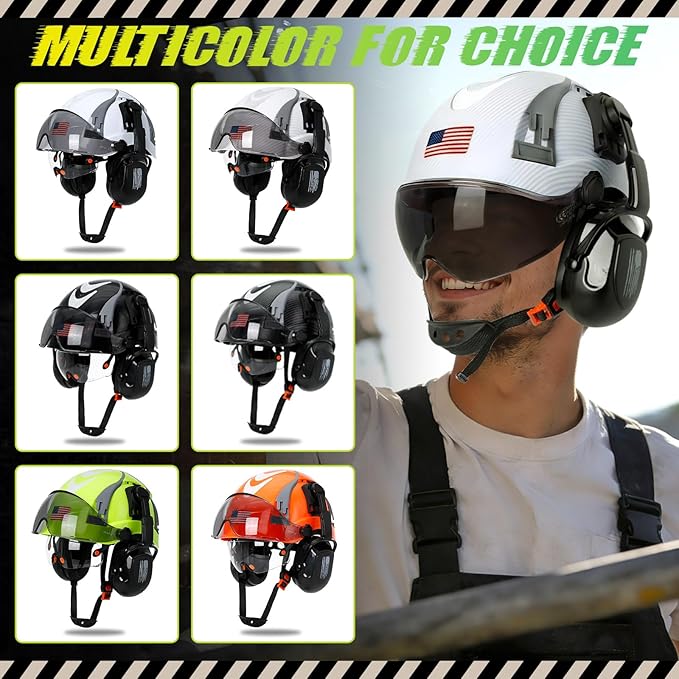 Hard Hat with Dual Visor and Hearing Protection-OSHA Approved Construction Hard Hats with Visor Sunglasses Earmuffs for Men,Vented Forestry Chainsaw Arborist Helmet with Chin Straps
