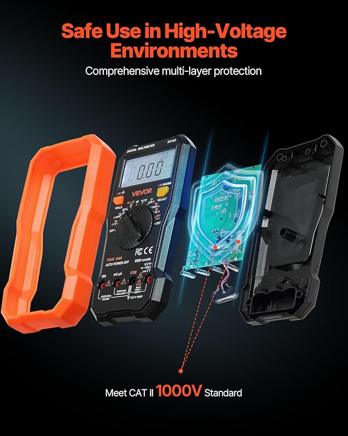 VEVOR Digital Multimeter, 6000-Count TRMS DC/AC Voltmeter Current Tester, Professional NCV Multimeter for Current Voltage Resistance Capacitance Duty-Cycle Tempetature Diodes Continuity Live Wire Test