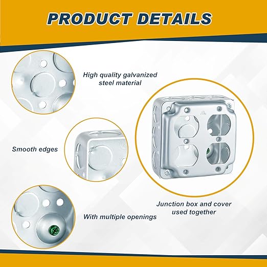 4 Set 4 × 4" Electrical Junction Box with Cover Electrical Metal Outlet Box, 21.0 Cu. in. Capacity Receptacle Exposed Work Cover, 1-1/2'' Deep(Double Duplex)