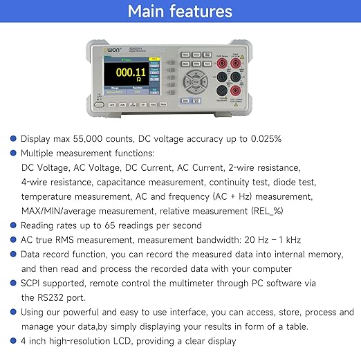 OWON Digital Multimeter AC DC Current Voltage 3.7in Screen True RMS 55000 Counts，DC Voltage Accuracy up to 0.025%，2 Line Display Desktop Type XDM2041