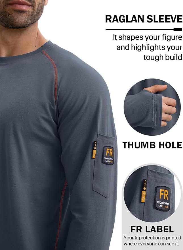 WORKWEYA FR Shirts for Men 6OZ Light Weight Welding Shirts Thumb Hole Stretch Breathable NFPA2112 CAT2 for Summer