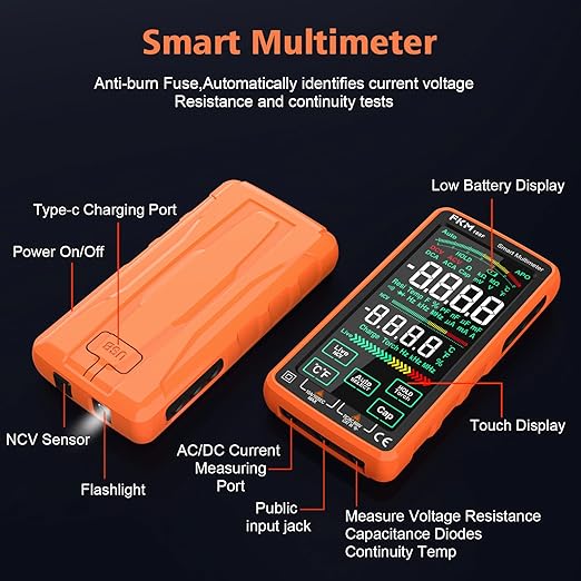 FKM Pro Digital Multimeter Tester,Compact & Rechargeable Voltmeter w/ 5″ Touch Screen,Auto-Ranging,TRMS 6000 Counts,High Accuracy,Smart Electrical Tester Measures DC/AC Voltage,Current,Resistance,Temp