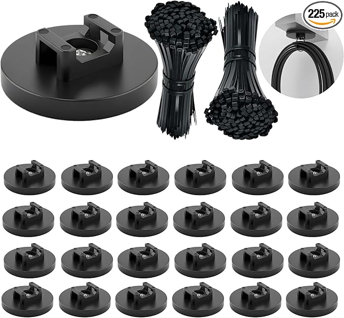225 Pieces Magnetic Zip Tie Mount Set, 25 Magnetic Cable Tie with 200 Cable Ties, Strong Wire Management Cables Holder, Multipurpose Electrical Cord Holders Organizer (43mm)