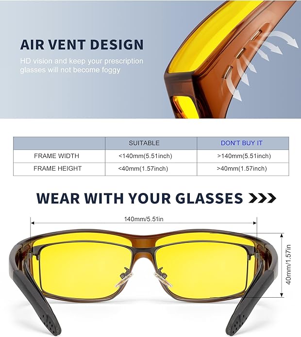 KALIYADI Night-Vision-Glasses Fit-Over-Glasses Wrap-Around Glasses: Anti Glare Night Driving Glasses for men women HD Lens