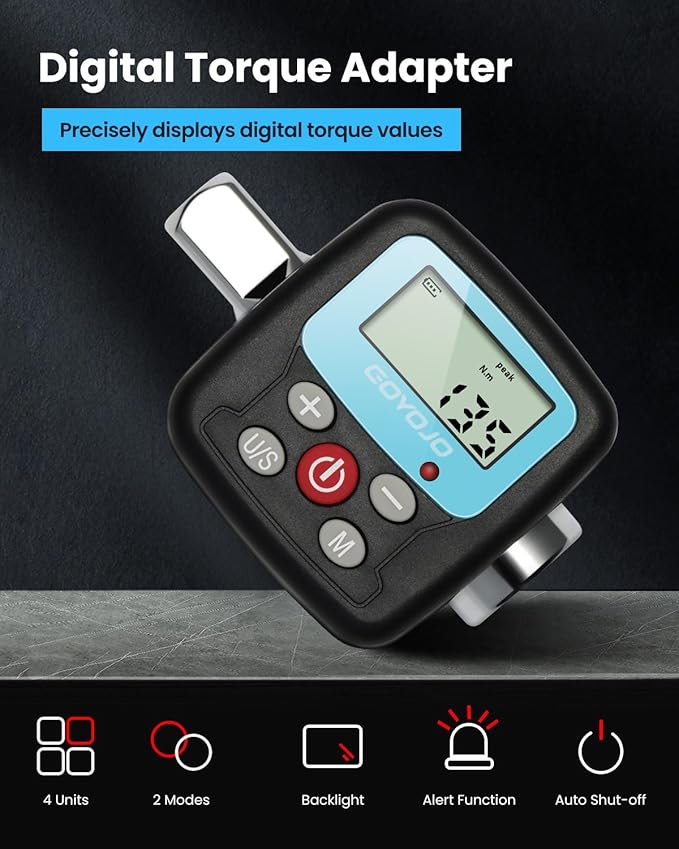 GOYOJO Digital Torque Wrench Adapter, 10-340Nm (7.4-250 ft-lb) Heavy-Duty Torque Converter with LCD Display, 1/2", 1/4", 3/8" Adapters for Automotive, Truck Repairs, and Industrial Maintenance