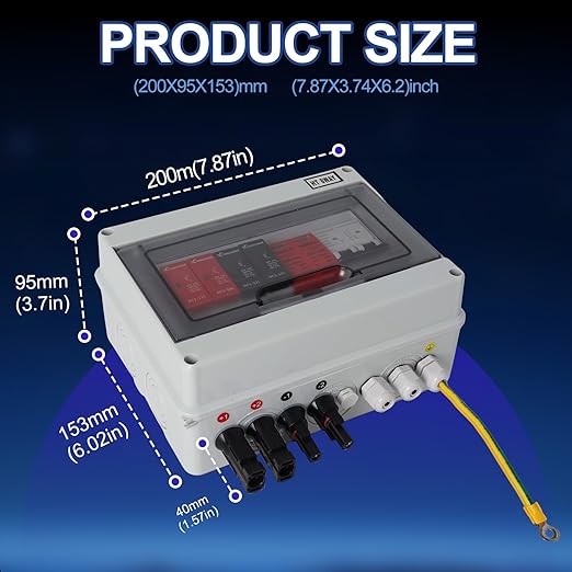 Solar Combiner Box 600V 2 inputs and 1 Output 15A Rated Current Fuse 63A DC Circuit Breaker & SPD, 15A Fuse, for PV Array System, Plug and Play Outdoor Solar Junction Box for Home and Commercial Use