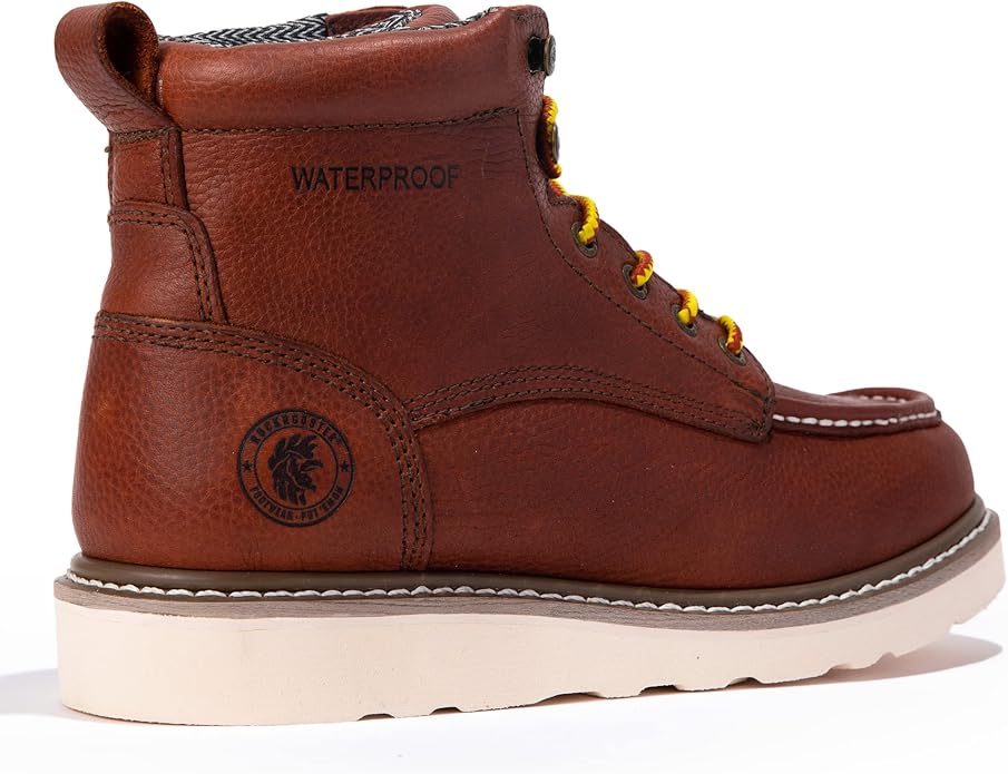 ROCKROOSTER Walker Waterproof Work Boots for Men, 6" Soft Toe Comfortable Boot, Rubber Wedge Sole Shoes, Arch Support Anti-Fatigue Boot, Leather Insulated Safety Boots, Electric Hazard