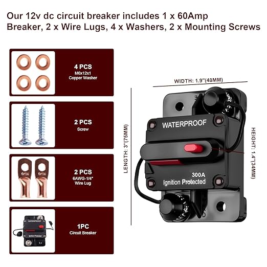 Circuit Breaker DC 12V-48V Fuse Manual Reset for Boat Trolling Motor Marine ATV Trailer Vehicles Stereo Audio Electronic Battery Solar System Protection (300Amp)