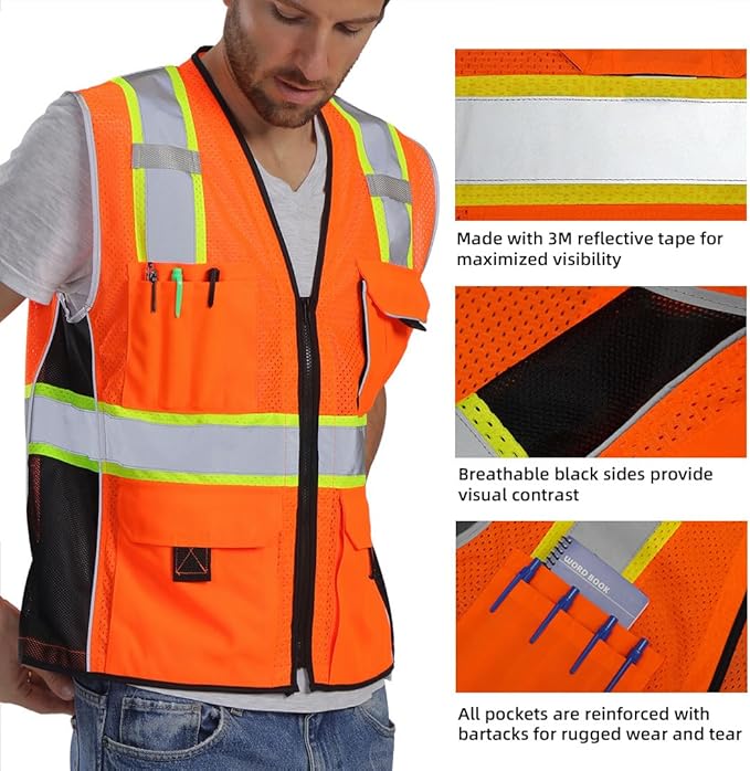 Dib Safety Reflective Vest Orange Mesh, High Visibility Vest with Pockets and Zipper, ANSI Class 2 Heavy Duty, Made with 3M Reflective Tape, 4XL
