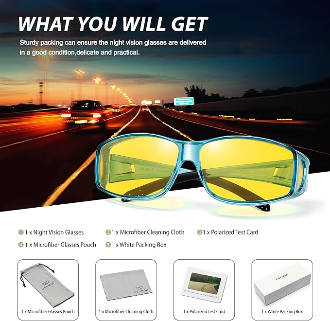 URUMQI Night Vision Driving Glasses Fit Over Eyeglasses for Men Women, Anti Glare Polarized Nighttime Glasses Yellow Lens