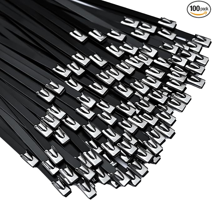 Black Metal Zip Ties Heavy Duty Outdoor 11.8 Inch 100pcs 304 Stainless Steel UV-Resistant Cable Ties for Chain Link Fence Parts, Poultry Fence Fixing & Exhaust Wrapping
