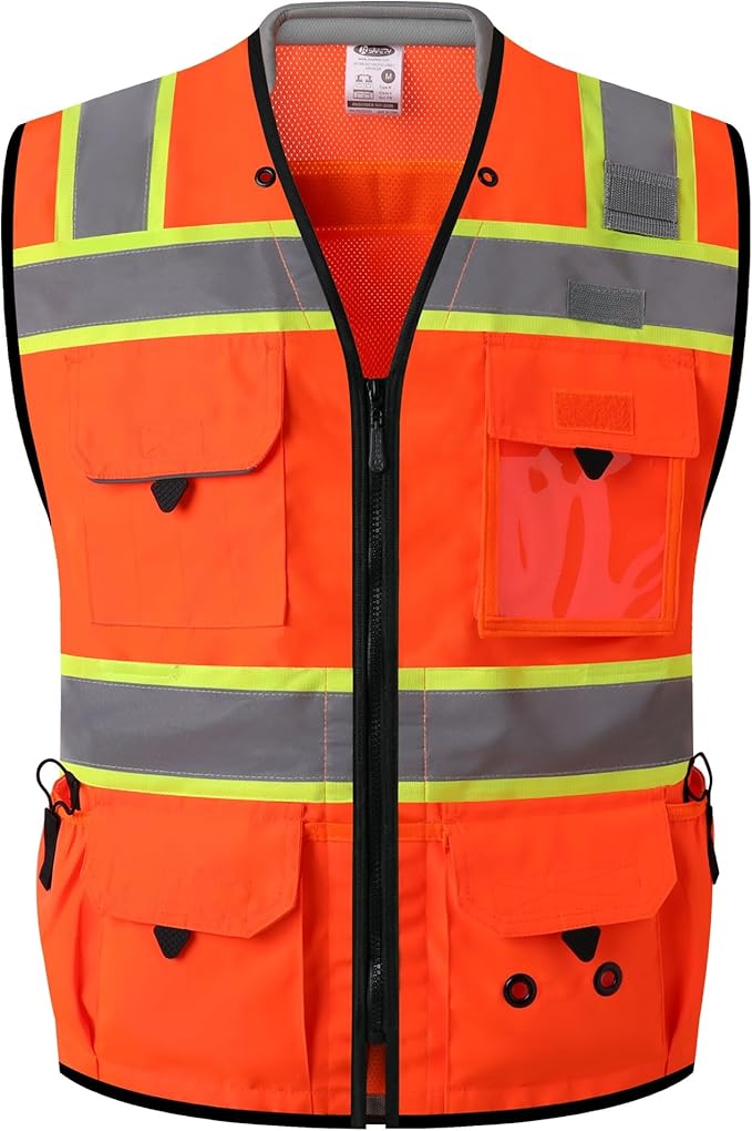 JKSafety Hi-Vis Unisex Surveyor Safety Vest Heavy Duty PPE Inner Pockets ANSI/ISEA Compliant