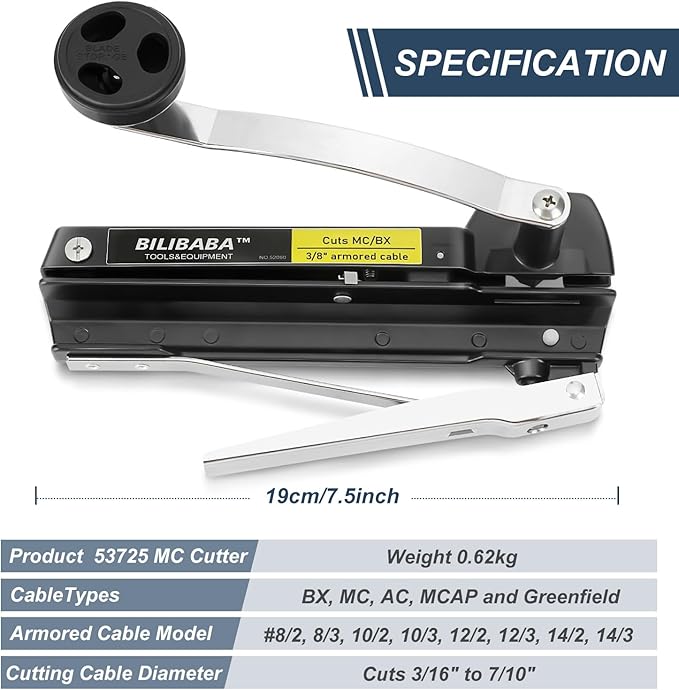 MC Cable Cutter, Cuts 3/16" to 7/10" BX/MC Cable, 53725 Cable Cutters with Blades Storage