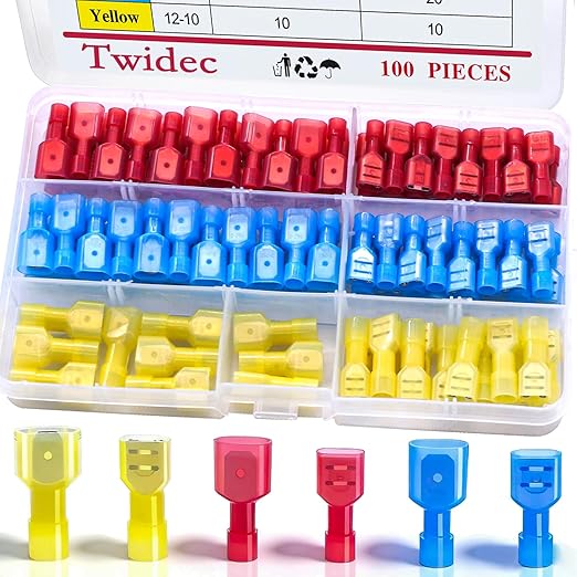 Twidec/100PCS Nylon Spade Connectors Kit 22-10 Gauge Male and Female Wire Spade Terminal Quick Disconnect Fully Insulated Wire Crimp Connector for Automotive Marine