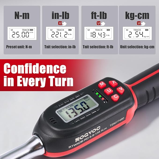 Adjustable Digital Torque Wrench 5-100 ft.lb/6.8-135 N.m, Interchangeable Electronic Torque Wrench with 42 mm Open End and 1/2 inch Ratchet, 2% Accuracy, LED Buzzer Alert, for HVAC