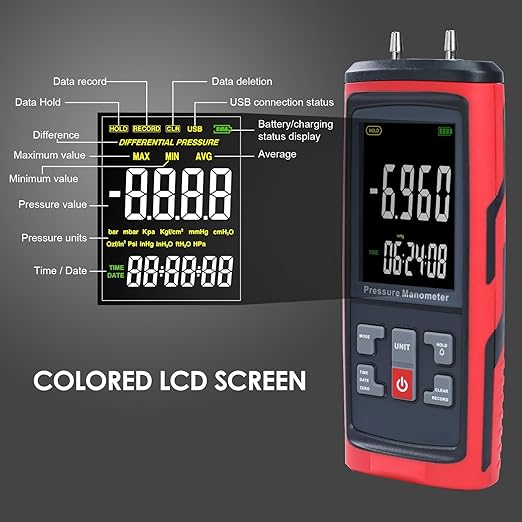 Manometer Data Logger Digital Manometer Gas Pressure Tester with ±200 inH2O Measuring Range, Differential Pressure Gauge 13 Selectable Units Manometer HVAC with Large LCD Screen
