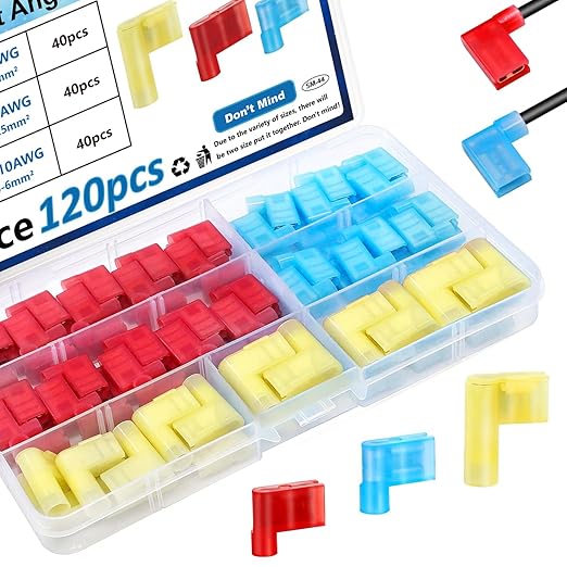 smseace 120Pcs Right Angle Spade Connector 22-18/16-14/12-10AWG Nylon Quick Disconnect Flag Terminal Red/Yellow/Blue 90 Degree Wire Terminal Connector