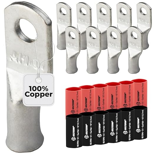 SELTERM 10pcs - 8 Awg - #10 Stud - Battery Lugs - Ring Terminal Connectors | with 12pcs 3:1 Black & Red Heat Shrink Tubing with Adhesive | Heavy Duty Battery Cable Ends - Tinned Copper Wire Lugs Kit