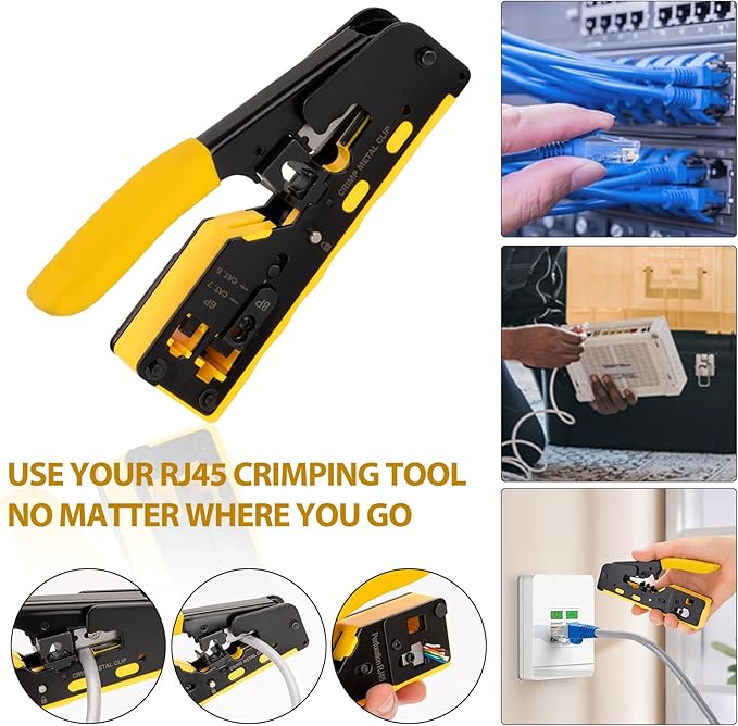 RJ45 Crimp Tool Pass Through Kit - Professional Complete Ethernet Crimping tool kit with Tester 30 Cat6 Connectors & Covers for Cat5/Cat5e/Cat6/Cat7/Cat8