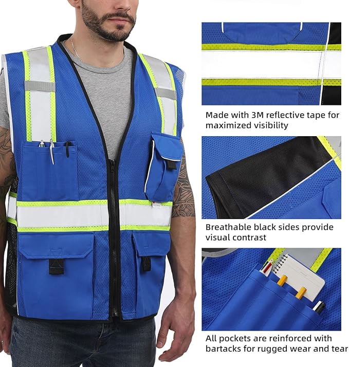 Dib Safety Reflective Vest Blue Mesh, High Visibility Vest with Pockets and Zipper, Heavy Duty, Made with 3M Reflective Tape, 4XL