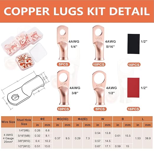 4 AWG Pure Copper Ring Terminal Kit (62 Pcs) - 30 Battery Lugs (1/4", 5/16", 3/8", 1/2") with 32 Heat Shrink Tubes for 4 Gauge Wire in Automotive, Solar, Inverter, Marine, RV Applications
