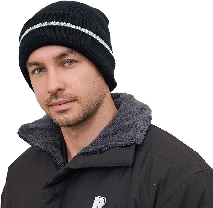 MELASA Fleece Lined Warm Winter Hat, High Visible Reflective Strip Knit Cuffed Beanie Safety Hat for Outdoor Work Running